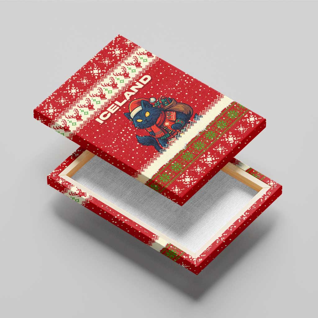 Iceland Christmas Canvas Wall Art with Red Snowflake Pattern Yule Cat and National Coat of Arms Motif - Wonder Print Shop