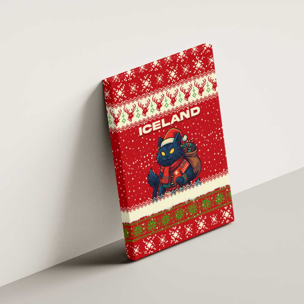 Iceland Christmas Canvas Wall Art with Red Snowflake Pattern Yule Cat and National Coat of Arms Motif - Wonder Print Shop
