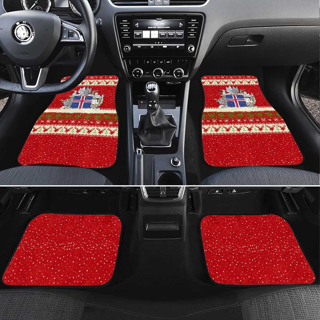 Iceland Christmas Car Mats with Red Snowflake Pattern Yule Cat and National Coat of Arms Motif - Wonder Print Shop
