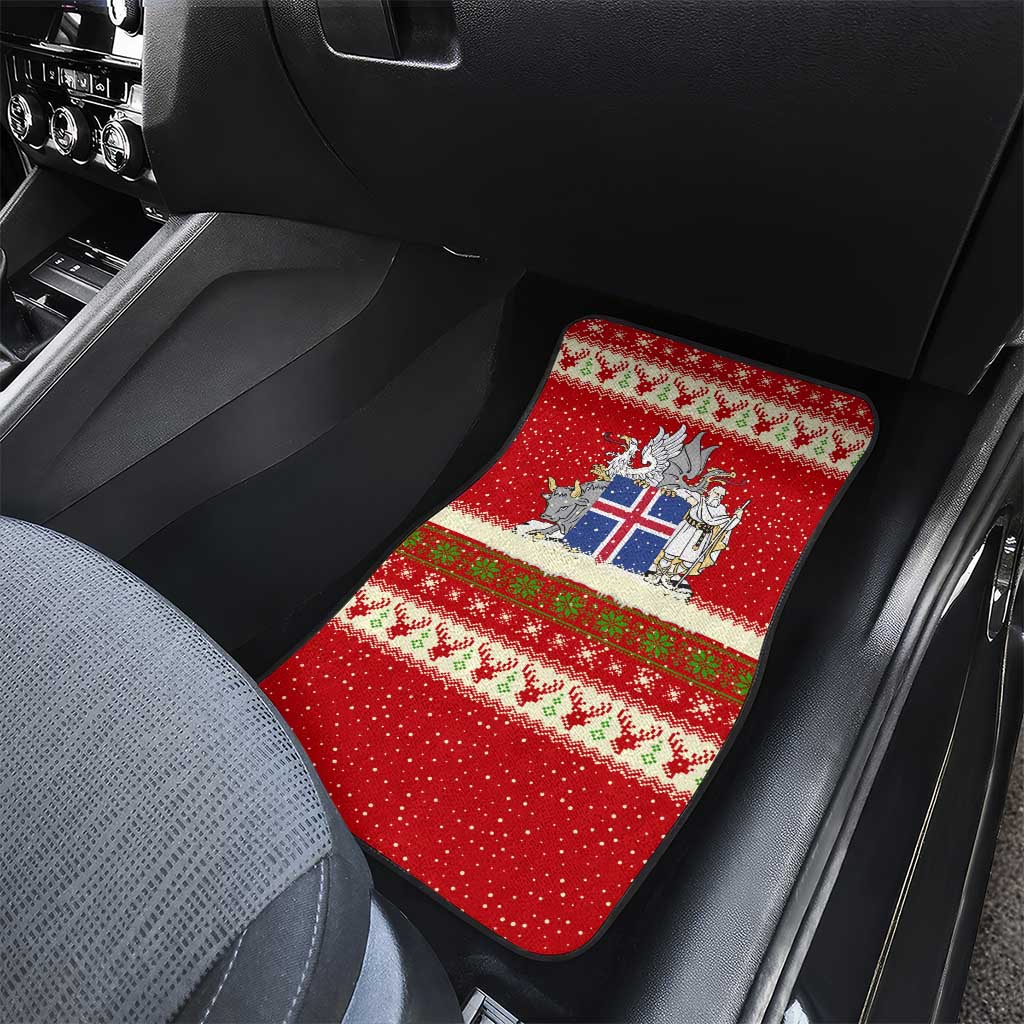 Iceland Christmas Car Mats with Red Snowflake Pattern Yule Cat and National Coat of Arms Motif - Wonder Print Shop