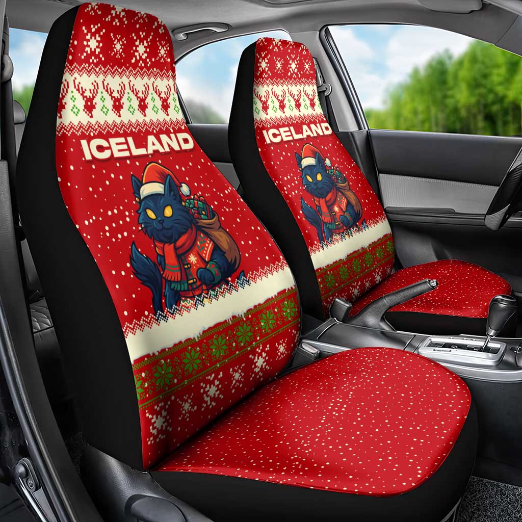Iceland Christmas Car Seat Cover with Red Snowflake Pattern Yule Cat and National Coat of Arms Motif - Wonder Print Shop