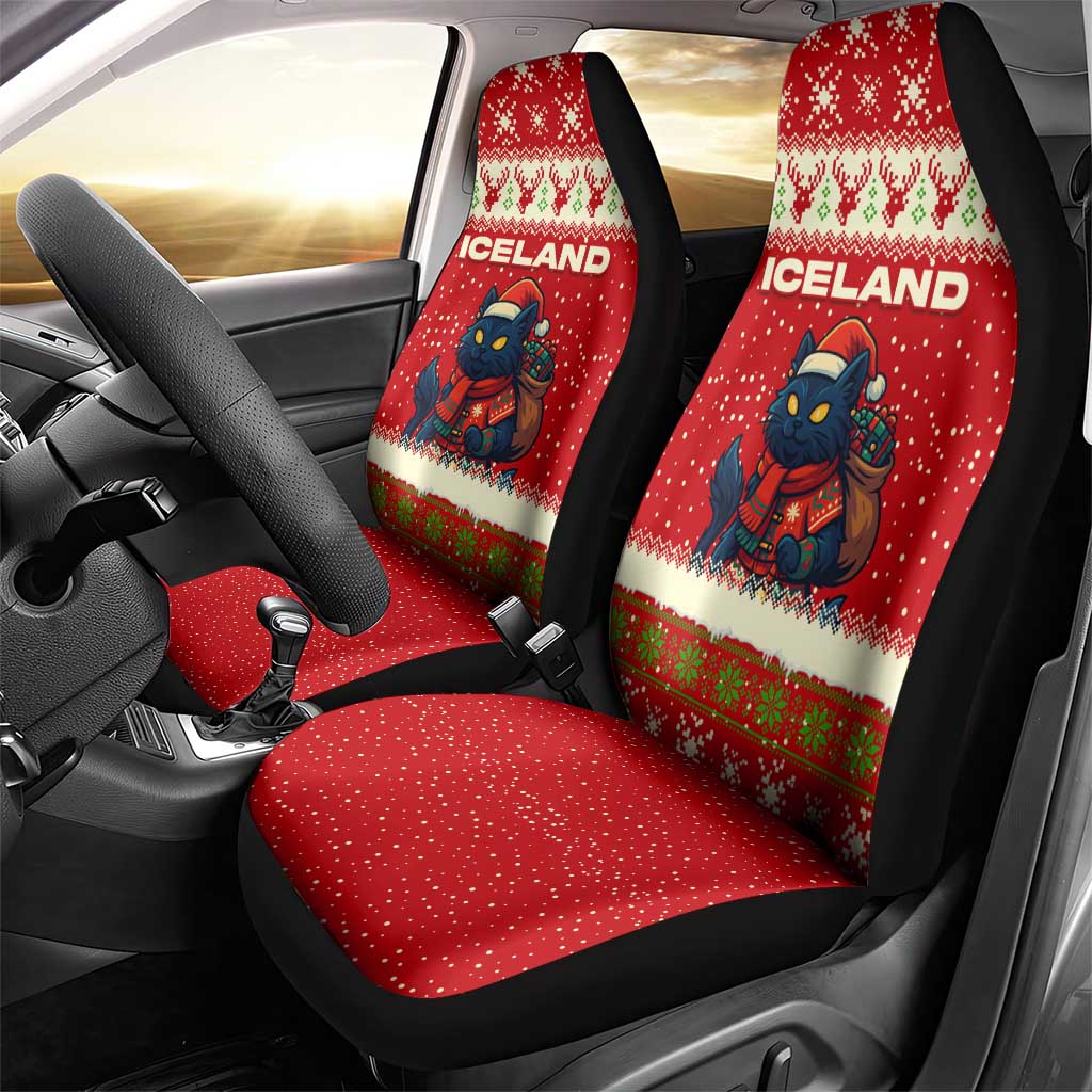Iceland Christmas Car Seat Cover with Red Snowflake Pattern Yule Cat and National Coat of Arms Motif - Wonder Print Shop