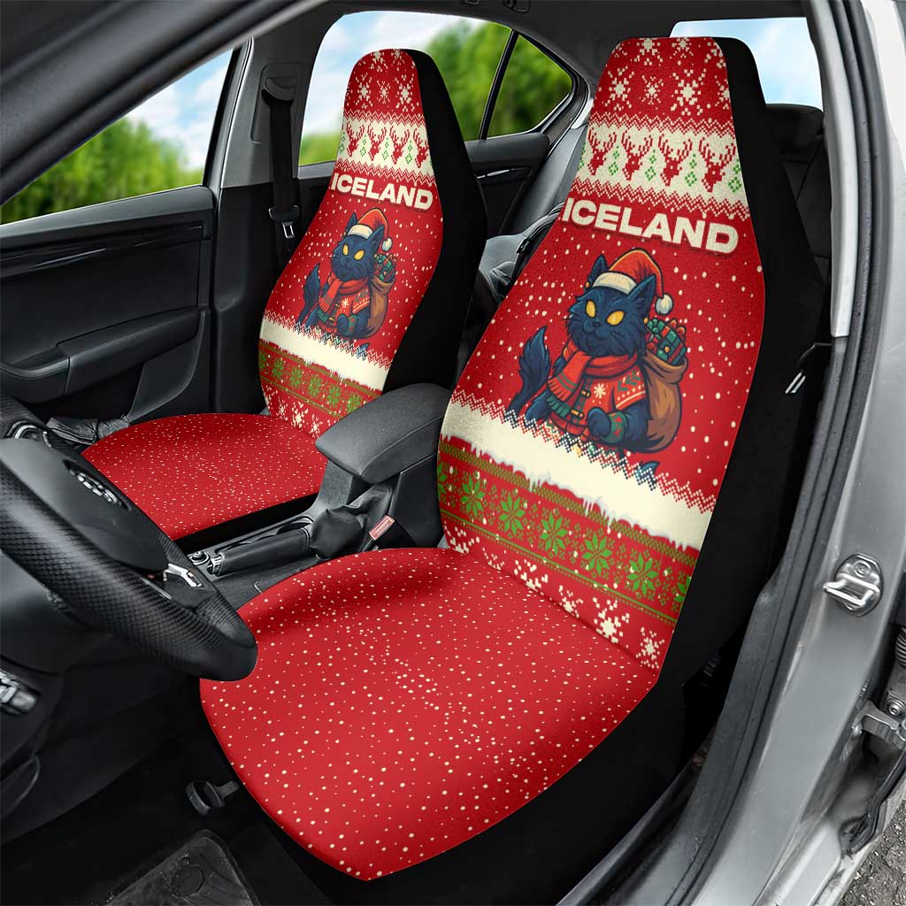 Iceland Christmas Car Seat Cover with Red Snowflake Pattern Yule Cat and National Coat of Arms Motif - Wonder Print Shop
