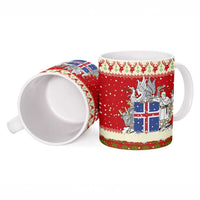 Iceland Christmas Ceramic Mug with Red Snowflake Pattern Yule Cat and National Coat of Arms Motif - Wonder Print Shop