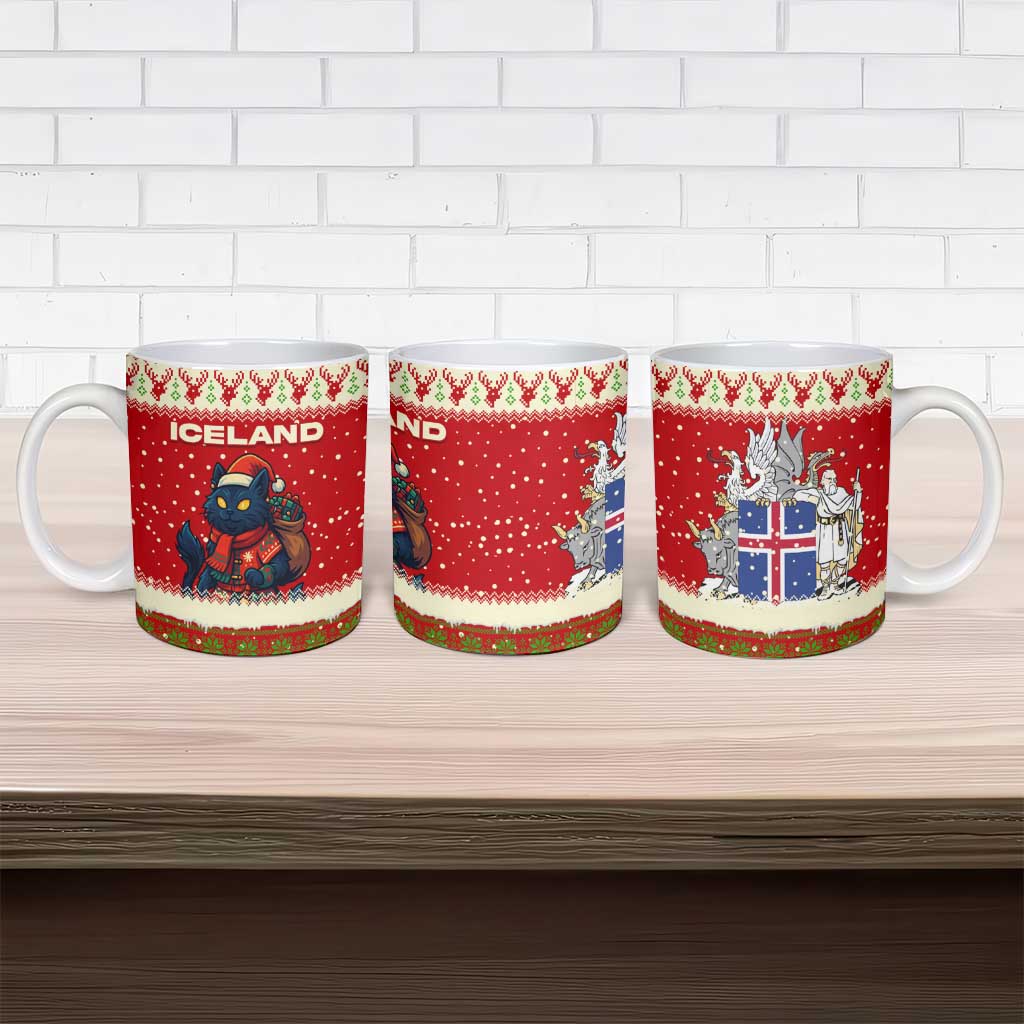 Iceland Christmas Ceramic Mug with Red Snowflake Pattern Yule Cat and National Coat of Arms Motif - Wonder Print Shop