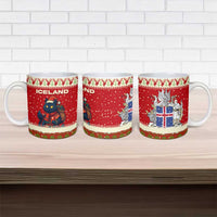 Iceland Christmas Ceramic Mug with Red Snowflake Pattern Yule Cat and National Coat of Arms Motif - Wonder Print Shop