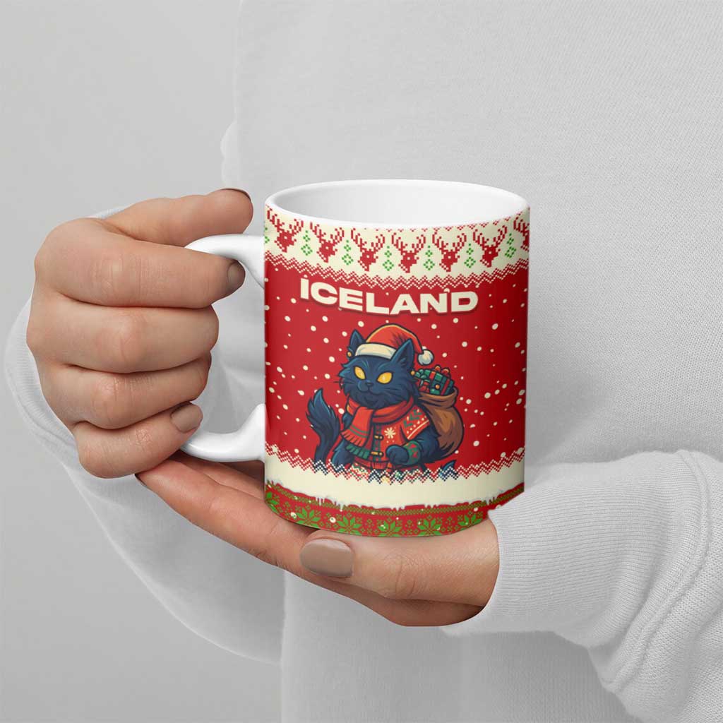 Iceland Christmas Ceramic Mug with Red Snowflake Pattern Yule Cat and National Coat of Arms Motif - Wonder Print Shop