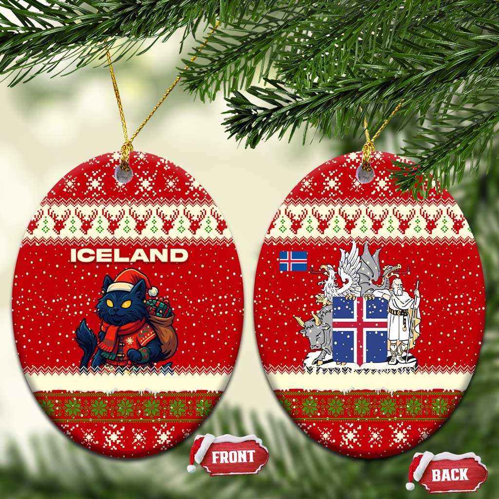 Iceland Christmas Ceramic Ornament with Red Snowflake Pattern Yule Cat and National Coat of Arms Motif - Wonder Print Shop