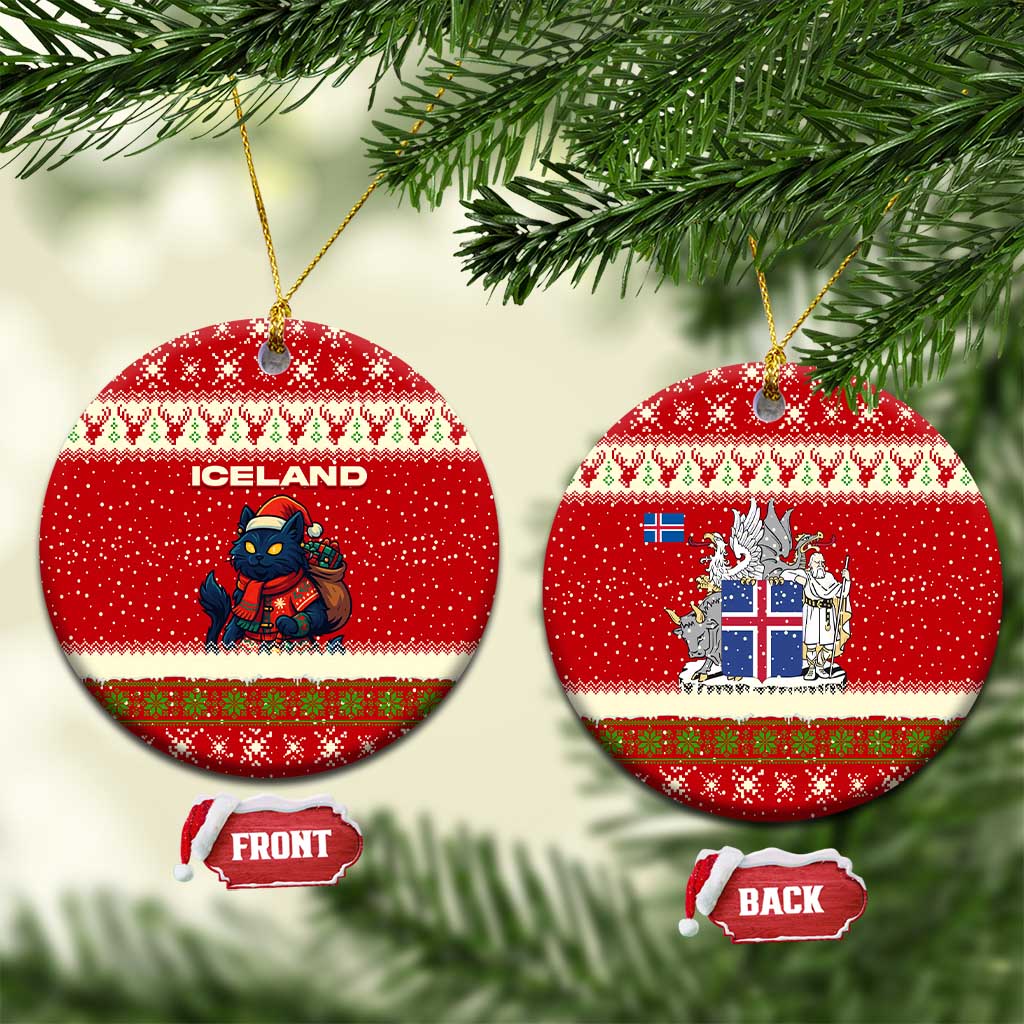 Iceland Christmas Ceramic Ornament with Red Snowflake Pattern Yule Cat and National Coat of Arms Motif - Wonder Print Shop