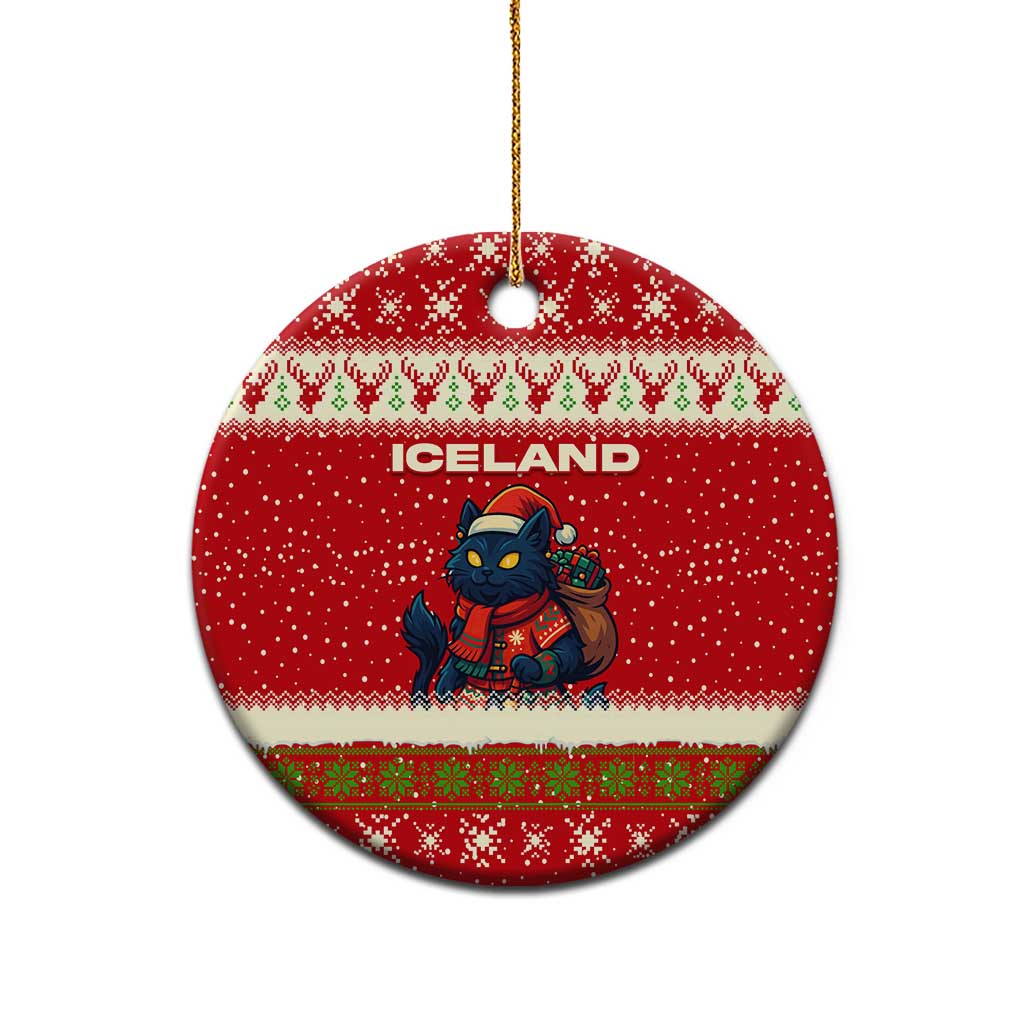 Iceland Christmas Ceramic Ornament with Red Snowflake Pattern Yule Cat and National Coat of Arms Motif - Wonder Print Shop