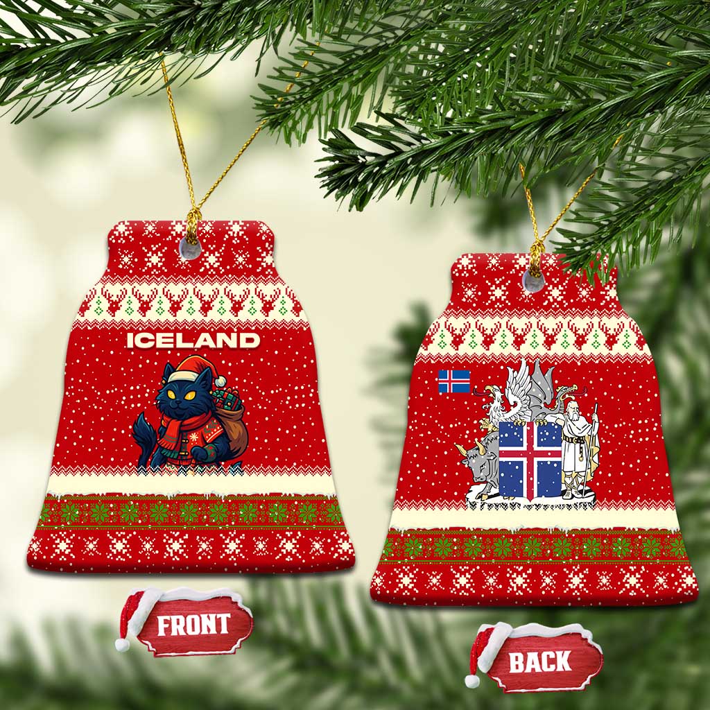 Iceland Christmas Ceramic Ornament with Red Snowflake Pattern Yule Cat and National Coat of Arms Motif - Wonder Print Shop