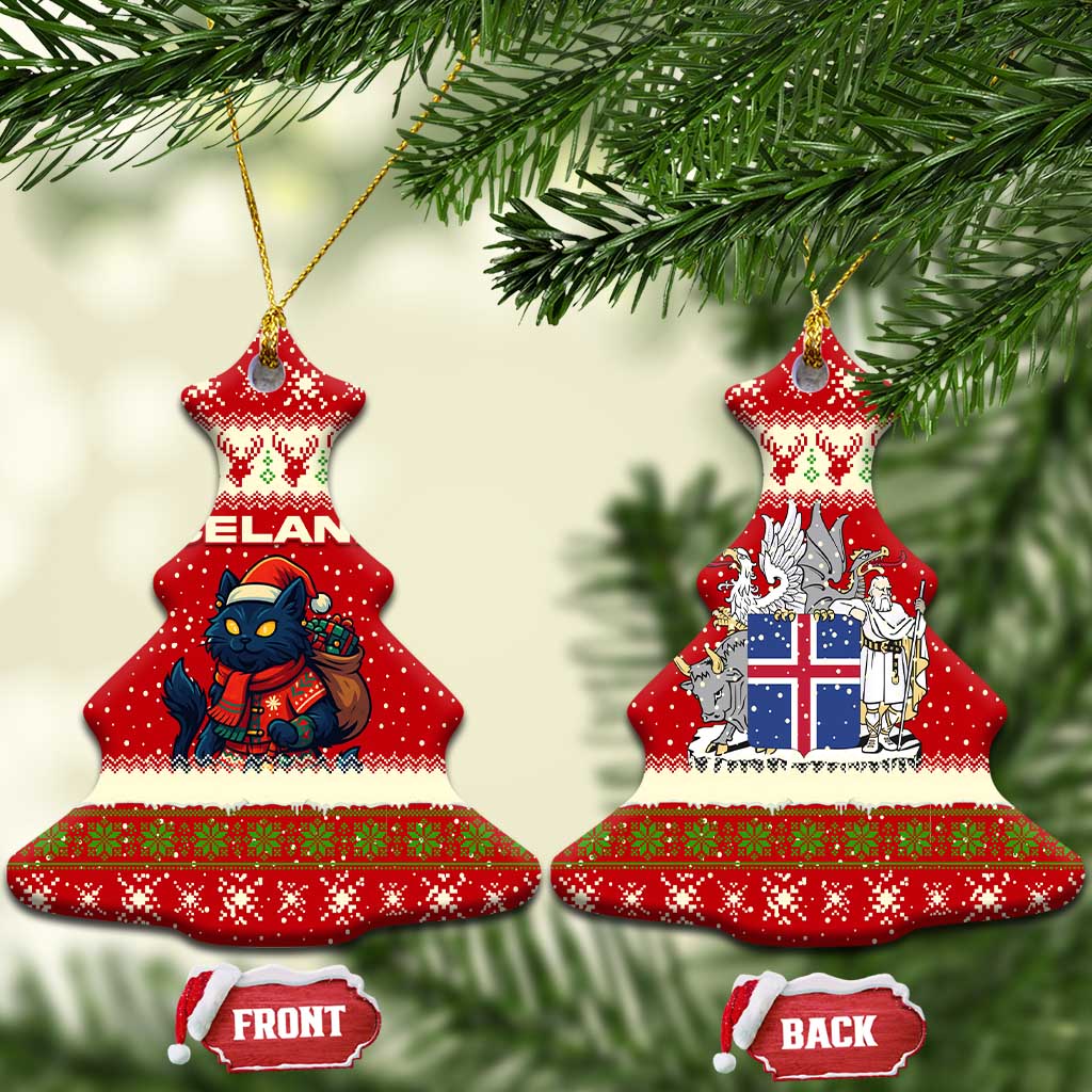 Iceland Christmas Ceramic Ornament with Red Snowflake Pattern Yule Cat and National Coat of Arms Motif - Wonder Print Shop