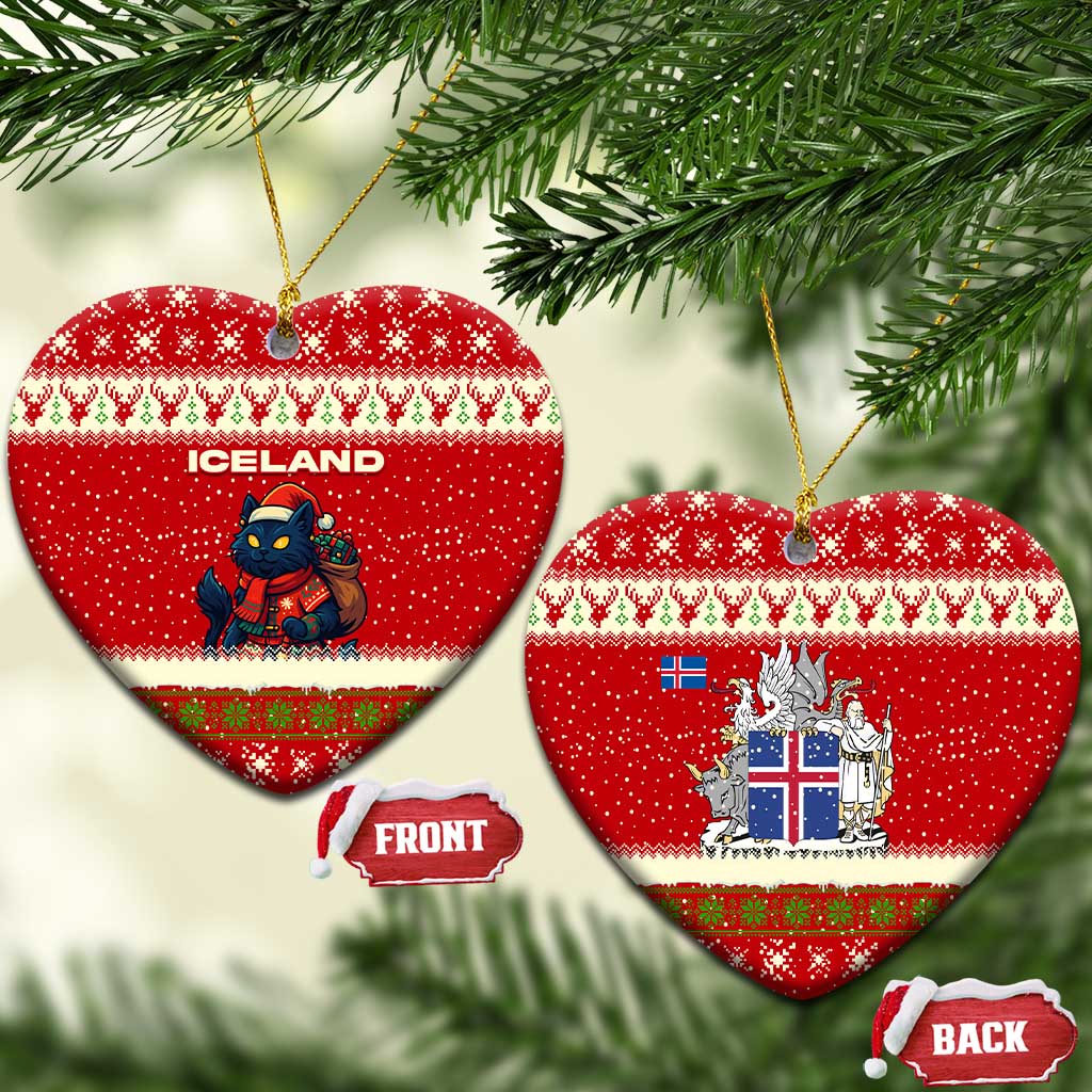Iceland Christmas Ceramic Ornament with Red Snowflake Pattern Yule Cat and National Coat of Arms Motif - Wonder Print Shop