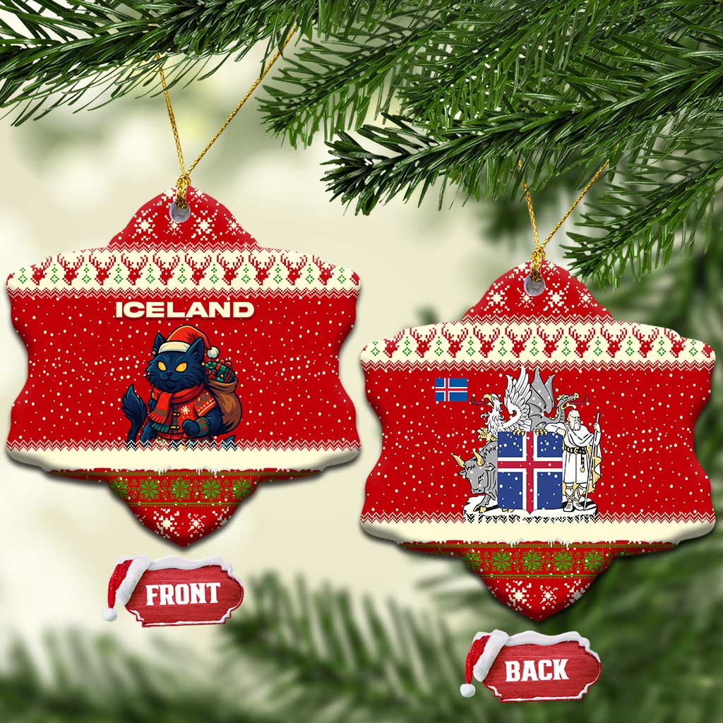 Iceland Christmas Ceramic Ornament with Red Snowflake Pattern Yule Cat and National Coat of Arms Motif - Wonder Print Shop