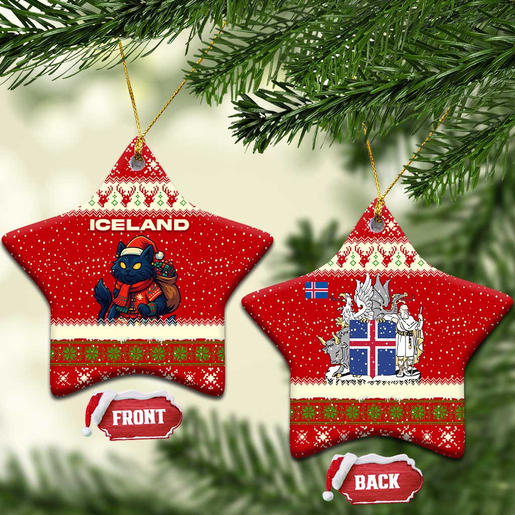 Iceland Christmas Ceramic Ornament with Red Snowflake Pattern Yule Cat and National Coat of Arms Motif - Wonder Print Shop