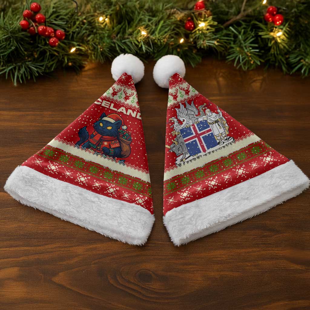 Iceland Christmas Santa Hat with Red Snowflake Pattern Yule Cat and National Coat of Arms Motif - Wonder Print Shop