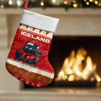 Iceland Christmas Stocking with Red Snowflake Pattern Yule Cat and National Coat of Arms Motif - Wonder Print Shop