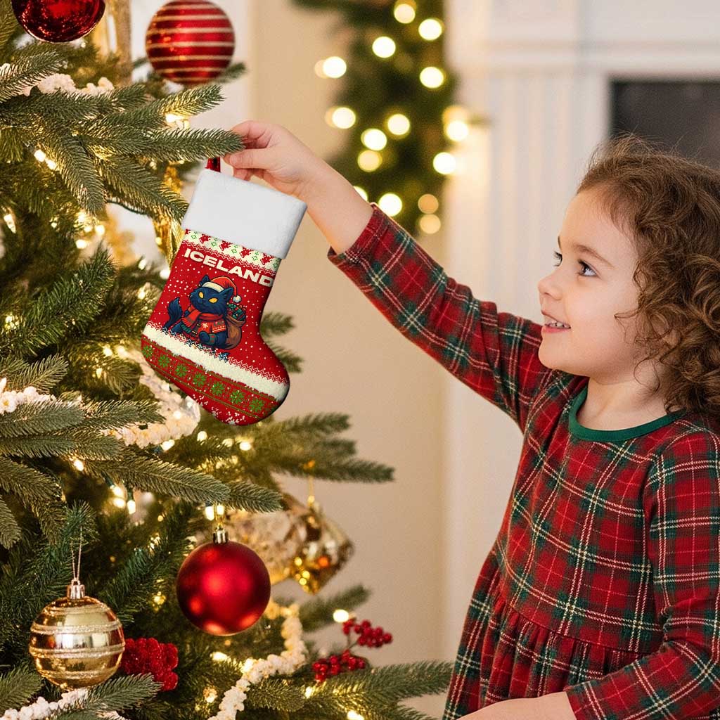 Iceland Christmas Stocking with Red Snowflake Pattern Yule Cat and National Coat of Arms Motif - Wonder Print Shop