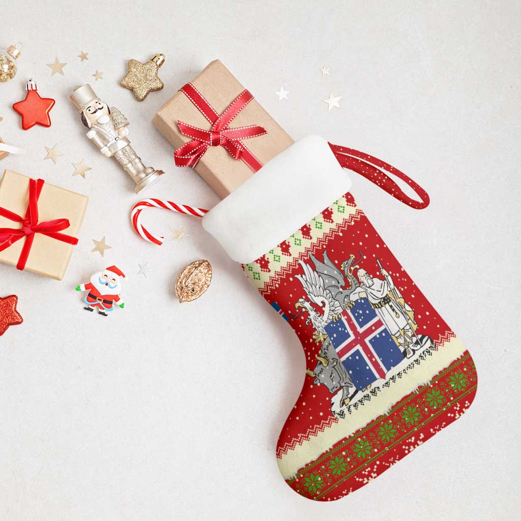 Iceland Christmas Stocking with Red Snowflake Pattern Yule Cat and National Coat of Arms Motif - Wonder Print Shop