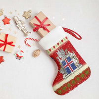 Iceland Christmas Stocking with Red Snowflake Pattern Yule Cat and National Coat of Arms Motif - Wonder Print Shop