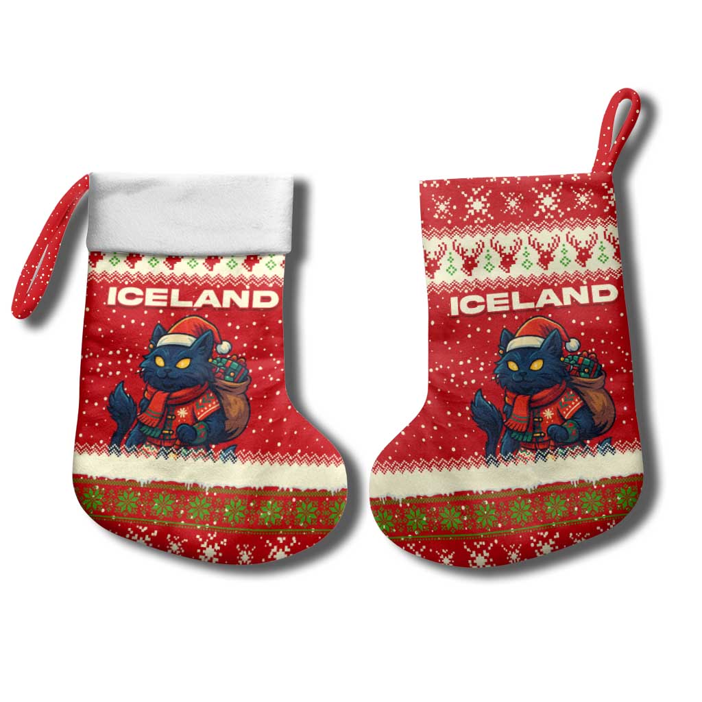Iceland Christmas Stocking with Red Snowflake Pattern Yule Cat and National Coat of Arms Motif - Wonder Print Shop