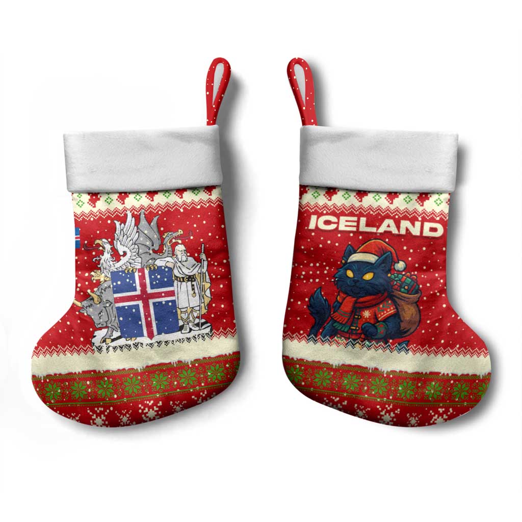 Iceland Christmas Stocking with Red Snowflake Pattern Yule Cat and National Coat of Arms Motif - Wonder Print Shop