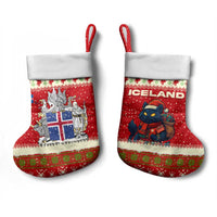 Iceland Christmas Stocking with Red Snowflake Pattern Yule Cat and National Coat of Arms Motif - Wonder Print Shop