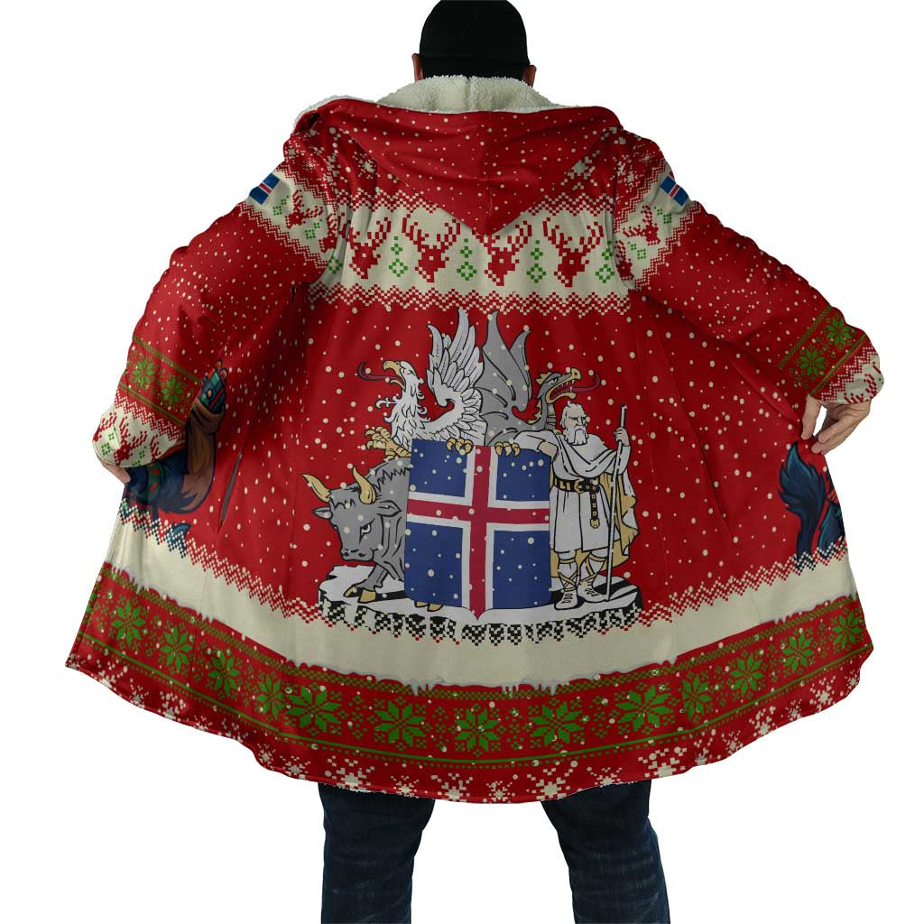 Iceland Christmas Cloak with Red Snowflake Pattern Yule Cat and National Coat of Arms Motif - Wonder Print Shop