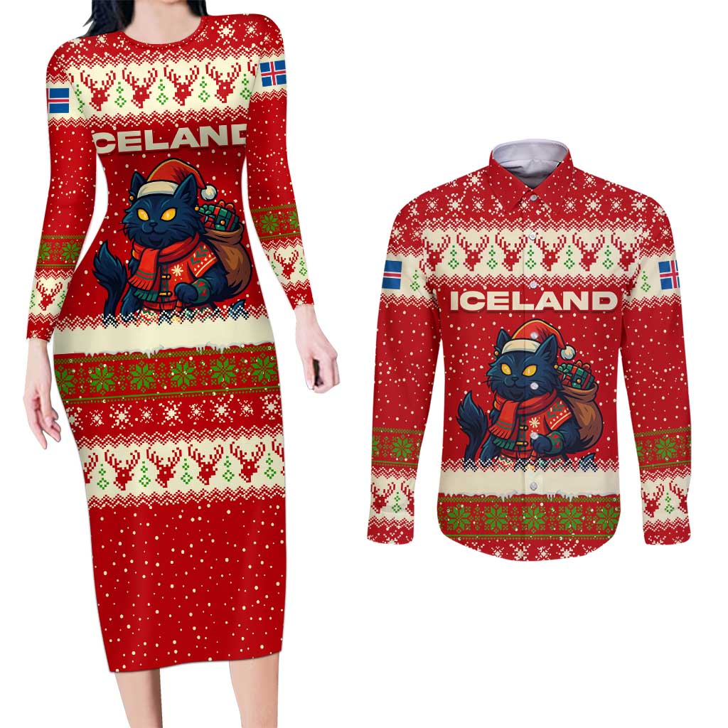 Iceland Christmas Couples Matching Long Sleeve Bodycon Dress and Long Sleeve Button Shirt with Red Snowflake Pattern Yule Cat and National Coat of Arms Motif - Wonder Print Shop
