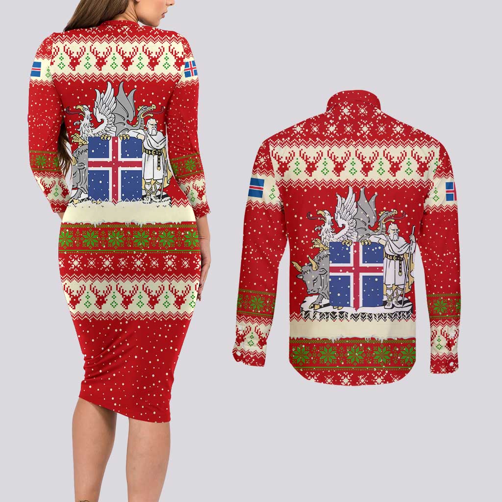 Iceland Christmas Couples Matching Long Sleeve Bodycon Dress and Long Sleeve Button Shirt with Red Snowflake Pattern Yule Cat and National Coat of Arms Motif - Wonder Print Shop
