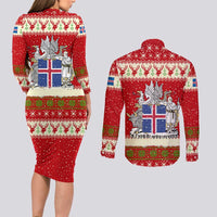 Iceland Christmas Couples Matching Long Sleeve Bodycon Dress and Long Sleeve Button Shirt with Red Snowflake Pattern Yule Cat and National Coat of Arms Motif - Wonder Print Shop