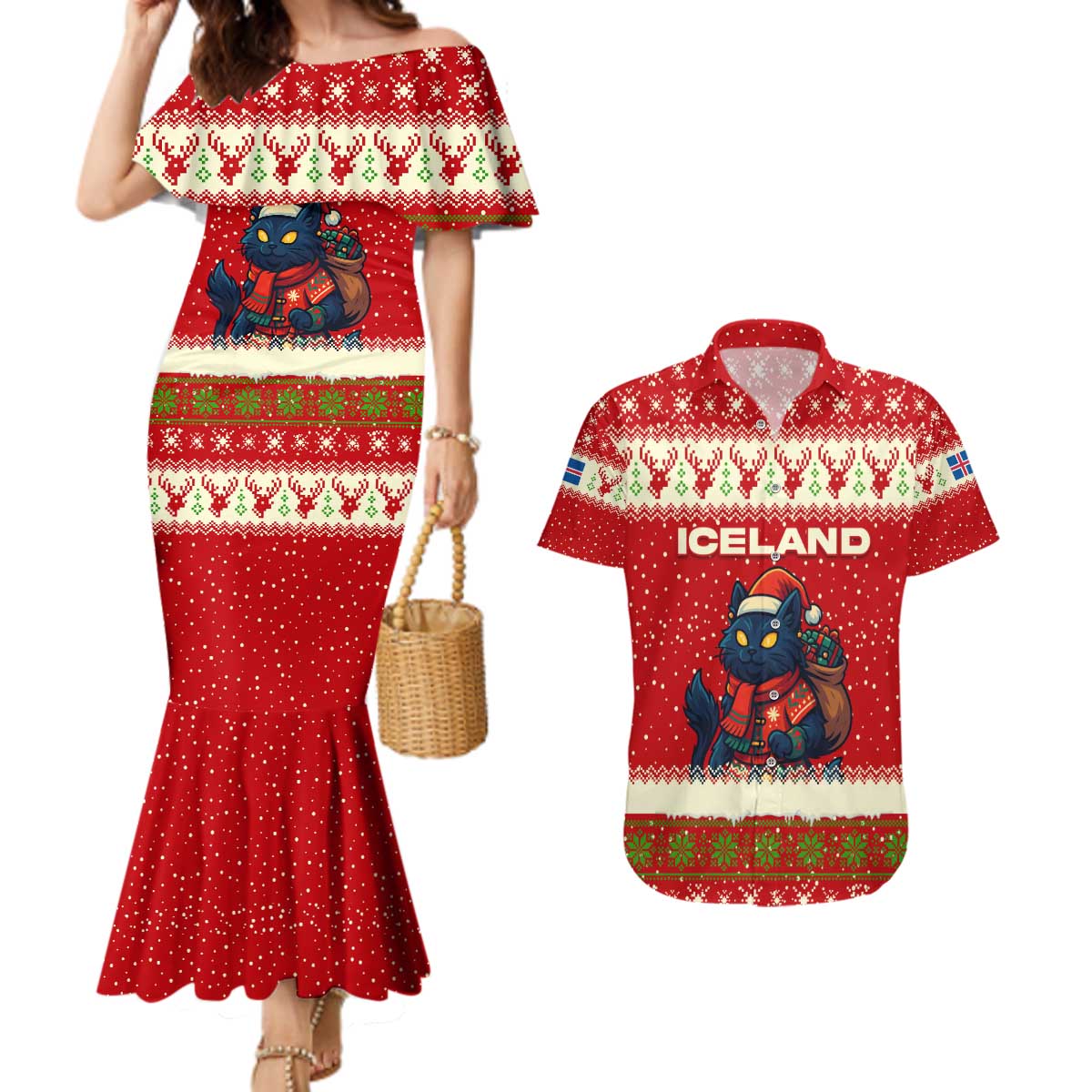Iceland Christmas Couples Matching Mermaid Dress and Hawaiian Shirt with Red Snowflake Pattern Yule Cat and National Coat of Arms Motif - Wonder Print Shop
