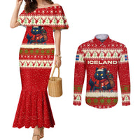 Iceland Christmas Couples Matching Mermaid Dress and Long Sleeve Button Shirt with Red Snowflake Pattern Yule Cat and National Coat of Arms Motif - Wonder Print Shop