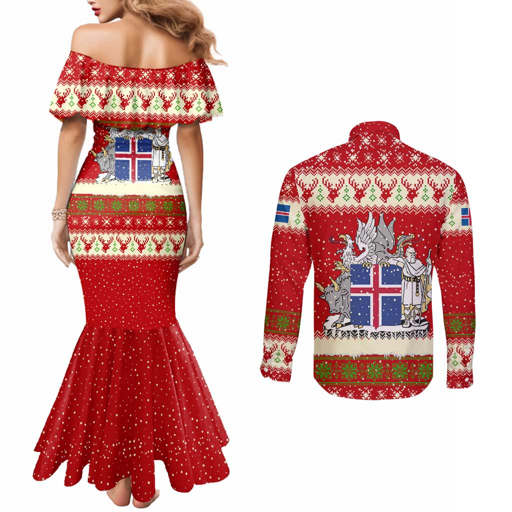 Iceland Christmas Couples Matching Mermaid Dress and Long Sleeve Button Shirt with Red Snowflake Pattern Yule Cat and National Coat of Arms Motif - Wonder Print Shop