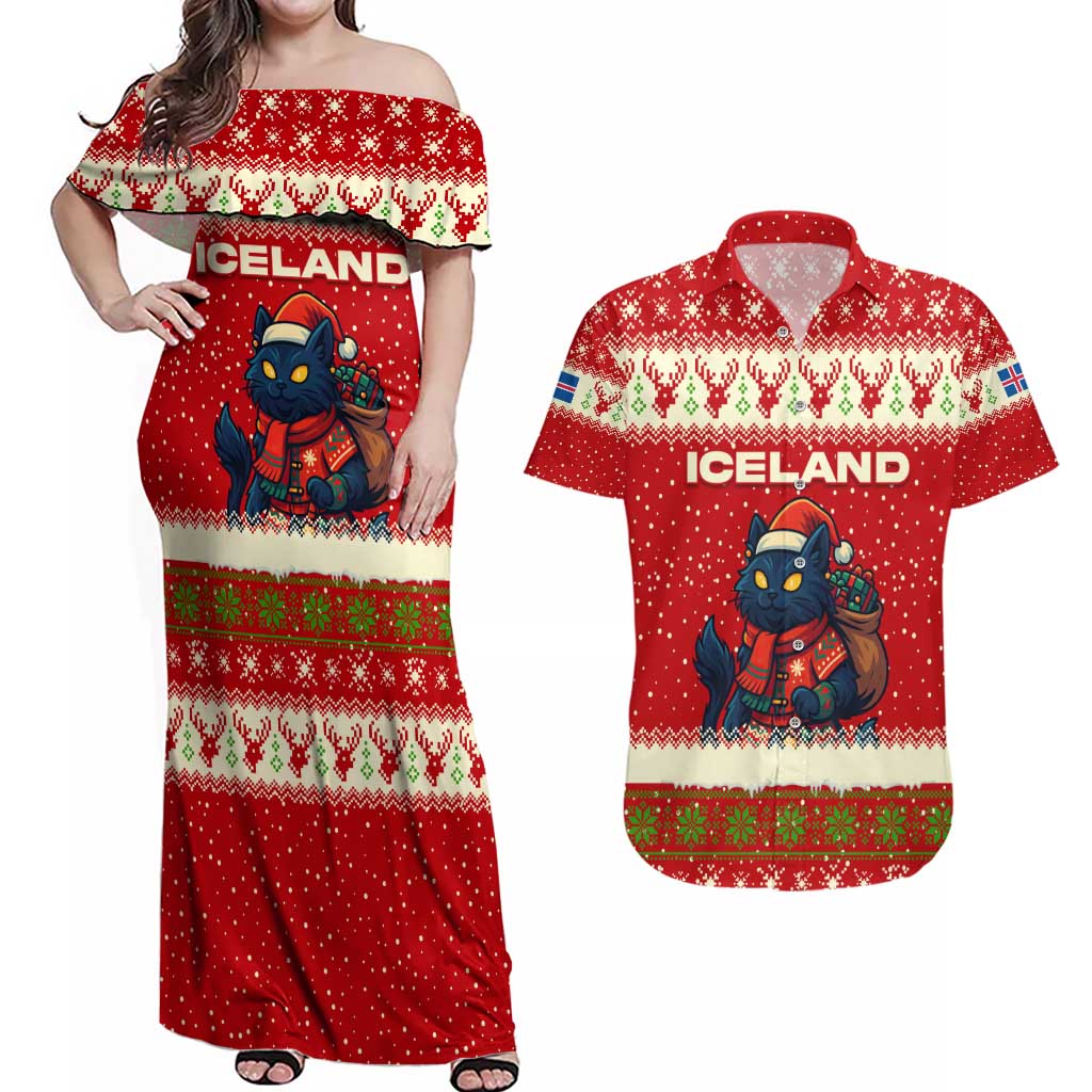 Iceland Christmas Couples Matching Off Shoulder Maxi Dress and Hawaiian Shirt with Red Snowflake Pattern Yule Cat and National Coat of Arms Motif - Wonder Print Shop
