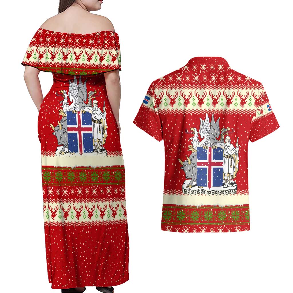 Iceland Christmas Couples Matching Off Shoulder Maxi Dress and Hawaiian Shirt with Red Snowflake Pattern Yule Cat and National Coat of Arms Motif - Wonder Print Shop