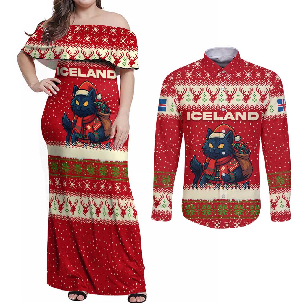 Iceland Christmas Couples Matching Off Shoulder Maxi Dress and Long Sleeve Button Shirt with Red Snowflake Pattern Yule Cat and National Coat of Arms Motif - Wonder Print Shop