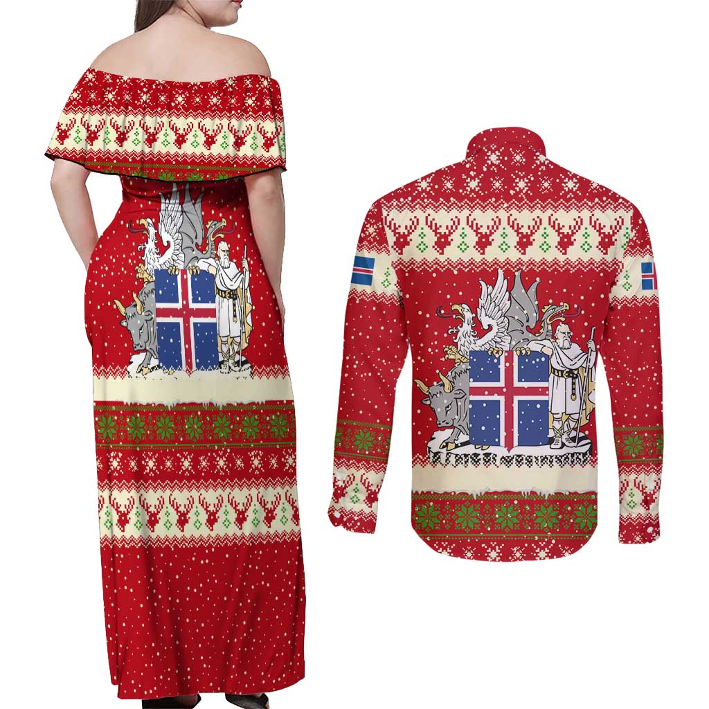 Iceland Christmas Couples Matching Off Shoulder Maxi Dress and Long Sleeve Button Shirt with Red Snowflake Pattern Yule Cat and National Coat of Arms Motif - Wonder Print Shop