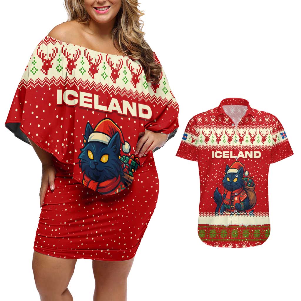 Iceland Christmas Couples Matching Off Shoulder Short Dress and Hawaiian Shirt with Red Snowflake Pattern Yule Cat and National Coat of Arms Motif - Wonder Print Shop