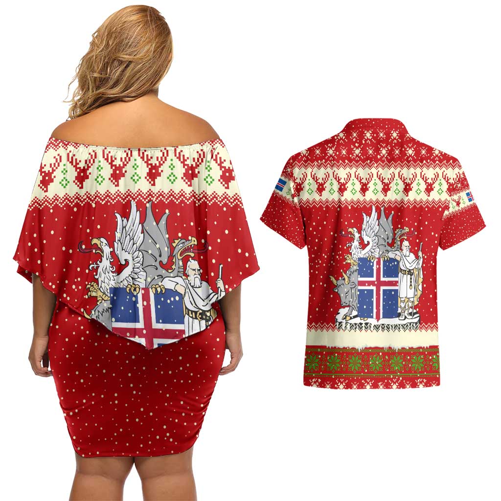 Iceland Christmas Couples Matching Off Shoulder Short Dress and Hawaiian Shirt with Red Snowflake Pattern Yule Cat and National Coat of Arms Motif - Wonder Print Shop