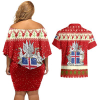 Iceland Christmas Couples Matching Off Shoulder Short Dress and Hawaiian Shirt with Red Snowflake Pattern Yule Cat and National Coat of Arms Motif - Wonder Print Shop