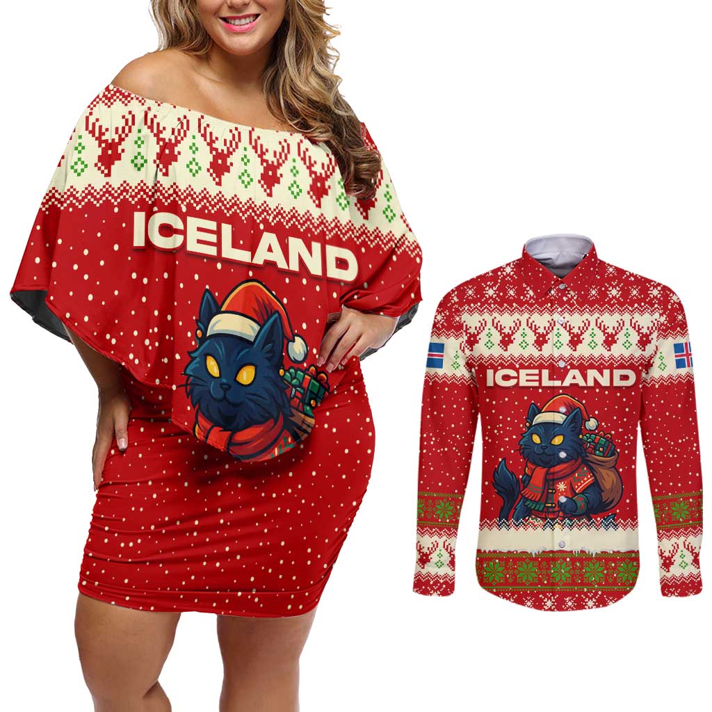 Iceland Christmas Couples Matching Off Shoulder Short Dress and Long Sleeve Button Shirt with Red Snowflake Pattern Yule Cat and National Coat of Arms Motif - Wonder Print Shop