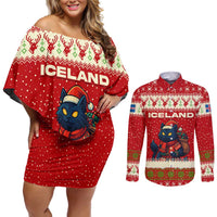Iceland Christmas Couples Matching Off Shoulder Short Dress and Long Sleeve Button Shirt with Red Snowflake Pattern Yule Cat and National Coat of Arms Motif - Wonder Print Shop