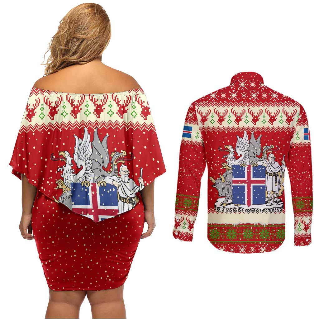 Iceland Christmas Couples Matching Off Shoulder Short Dress and Long Sleeve Button Shirt with Red Snowflake Pattern Yule Cat and National Coat of Arms Motif - Wonder Print Shop