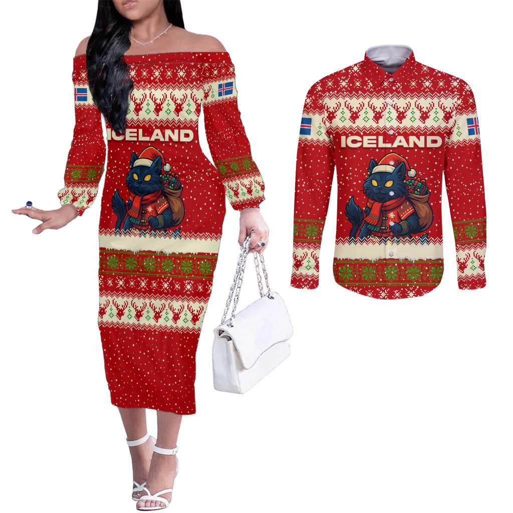 Iceland Christmas Couples Matching Off The Shoulder Long Sleeve Dress and Long Sleeve Button Shirt with Red Snowflake Pattern Yule Cat and National Coat of Arms Motif - Wonder Print Shop