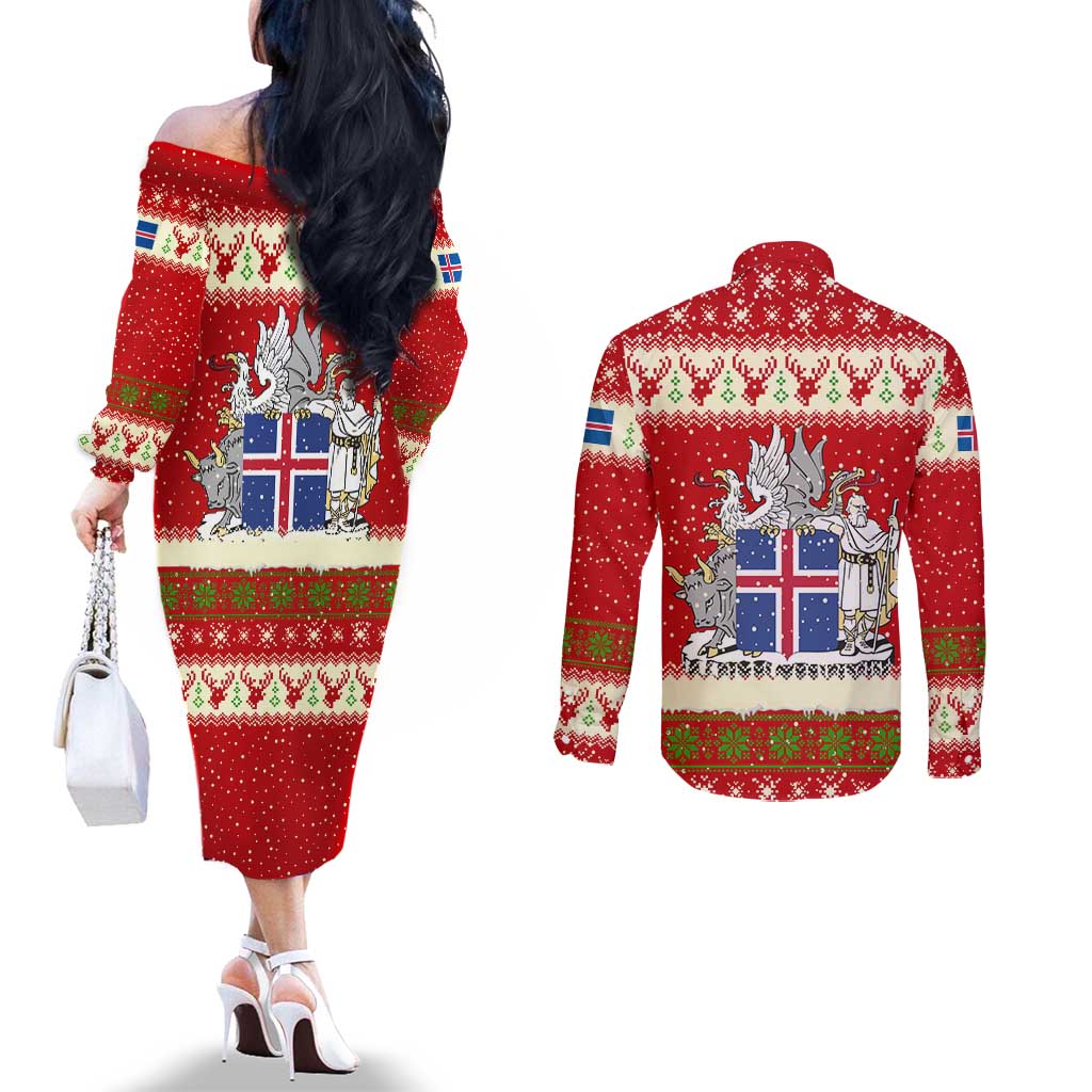 Iceland Christmas Couples Matching Off The Shoulder Long Sleeve Dress and Long Sleeve Button Shirt with Red Snowflake Pattern Yule Cat and National Coat of Arms Motif - Wonder Print Shop