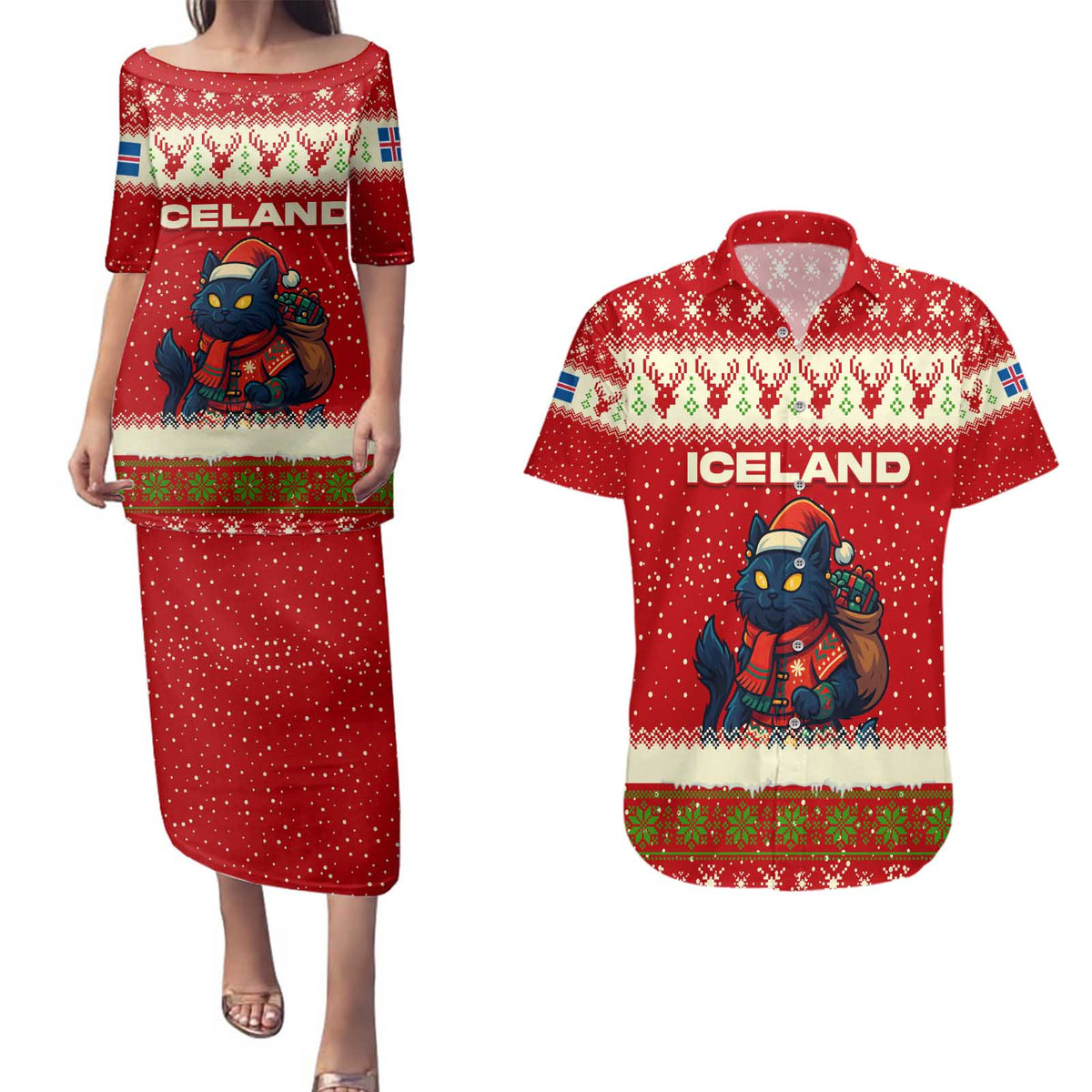 Iceland Christmas Couples Matching Puletasi and Hawaiian Shirt with Red Snowflake Pattern Yule Cat and National Coat of Arms Motif - Wonder Print Shop