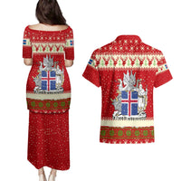 Iceland Christmas Couples Matching Puletasi and Hawaiian Shirt with Red Snowflake Pattern Yule Cat and National Coat of Arms Motif - Wonder Print Shop