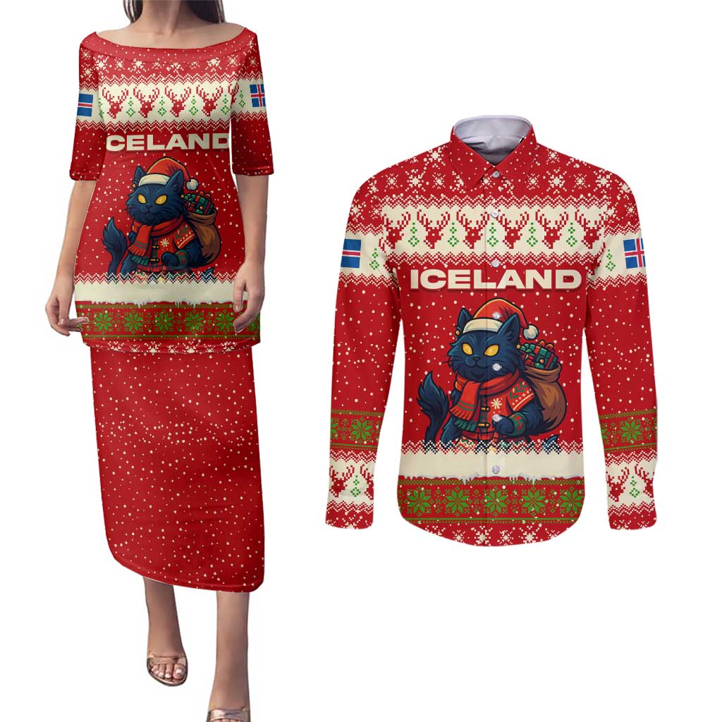 Iceland Christmas Couples Matching Puletasi and Long Sleeve Button Shirt with Red Snowflake Pattern Yule Cat and National Coat of Arms Motif - Wonder Print Shop
