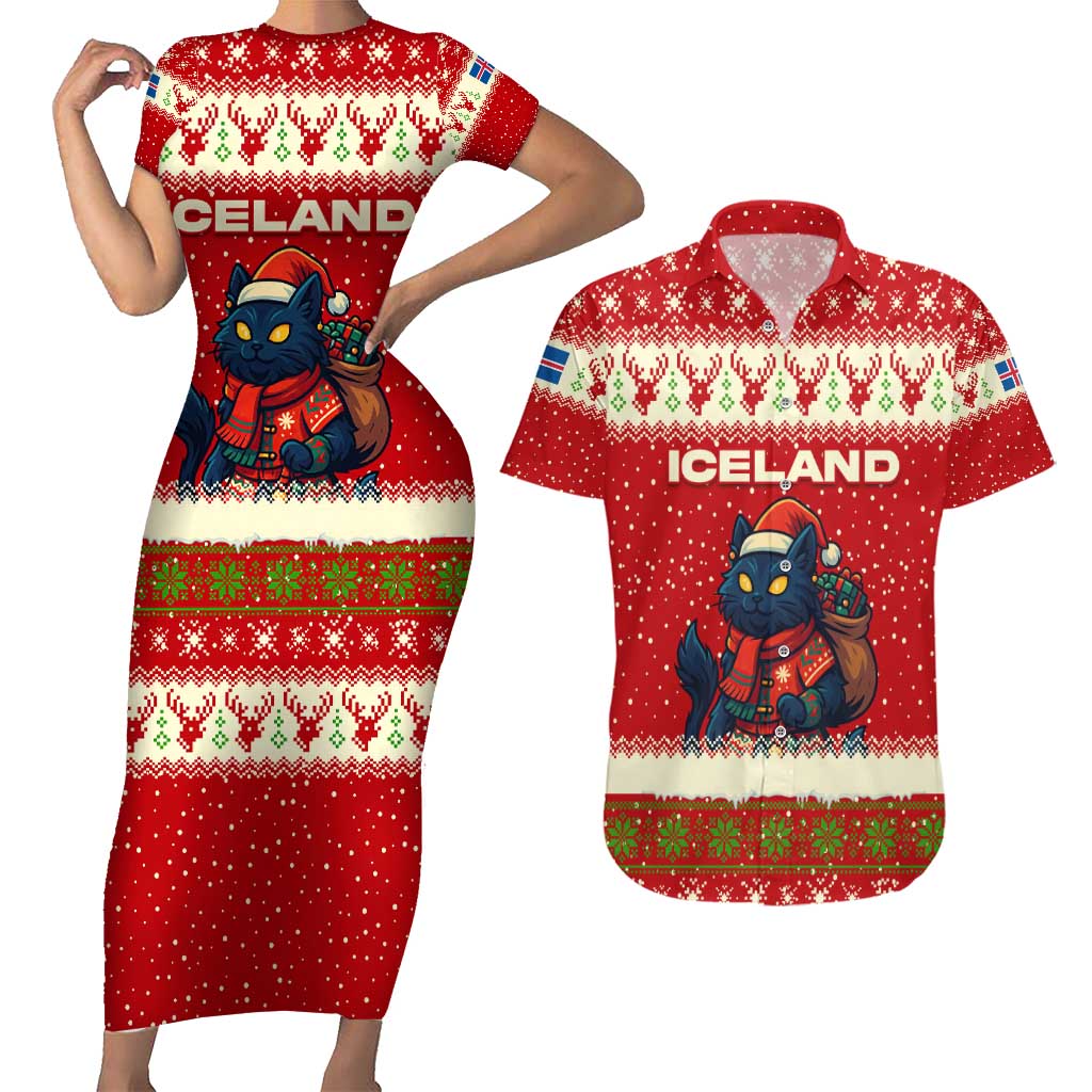 Iceland Christmas Couples Matching Short Sleeve Bodycon Dress and Hawaiian Shirt with Red Snowflake Pattern Yule Cat and National Coat of Arms Motif - Wonder Print Shop